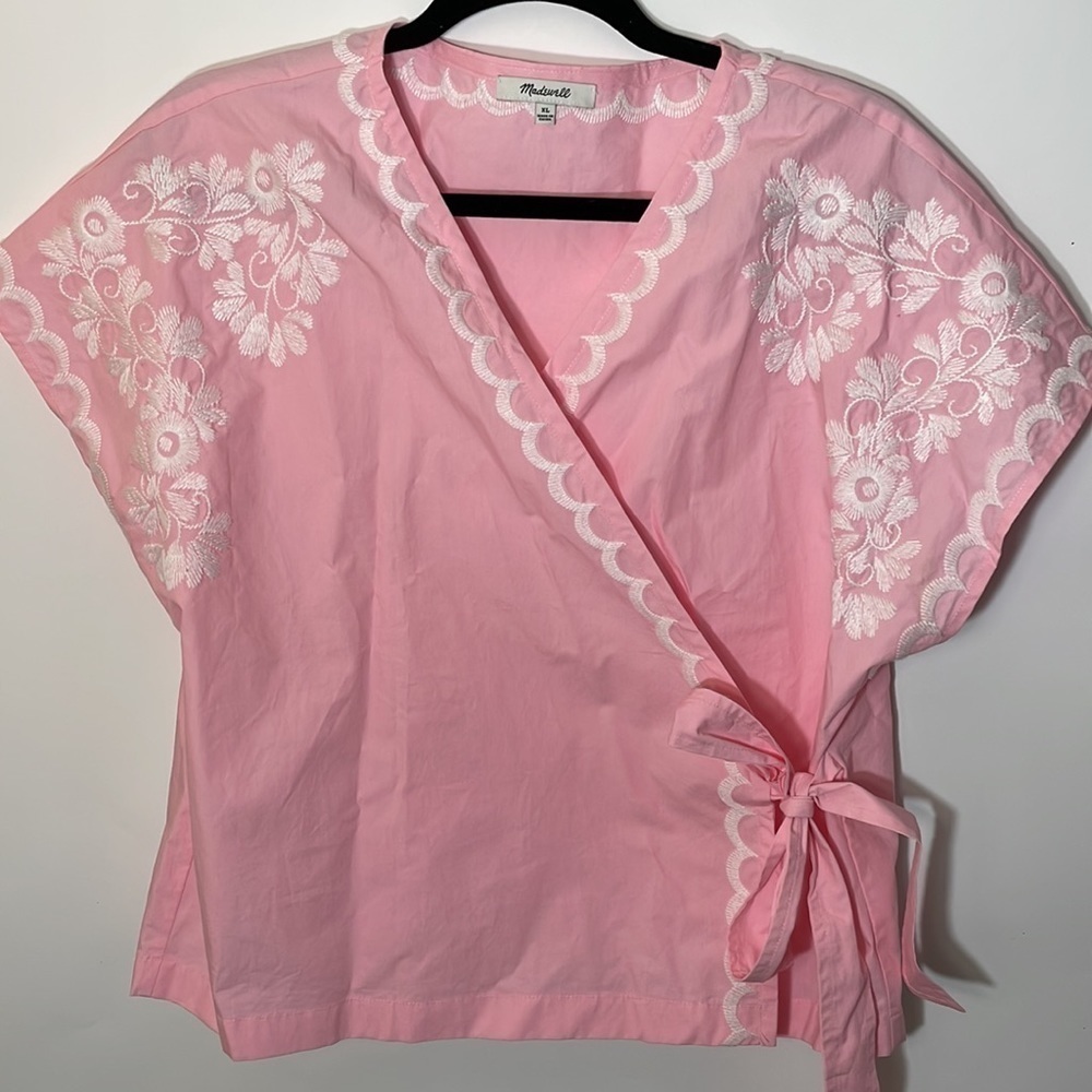 Madewell XL Embroidered Side-Tie Wrap Top blouse pink - Picture 5 of 10